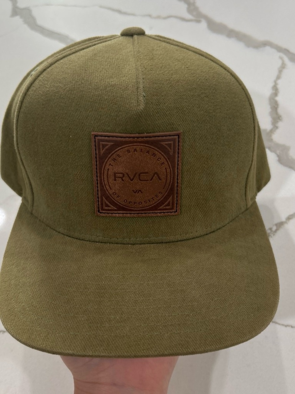 RVCA Olive Canvas Snapback with Brown Leather Patch